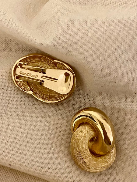 CHRISTIAN DIOR Dual Textured Gold Plated Clip On Earrings